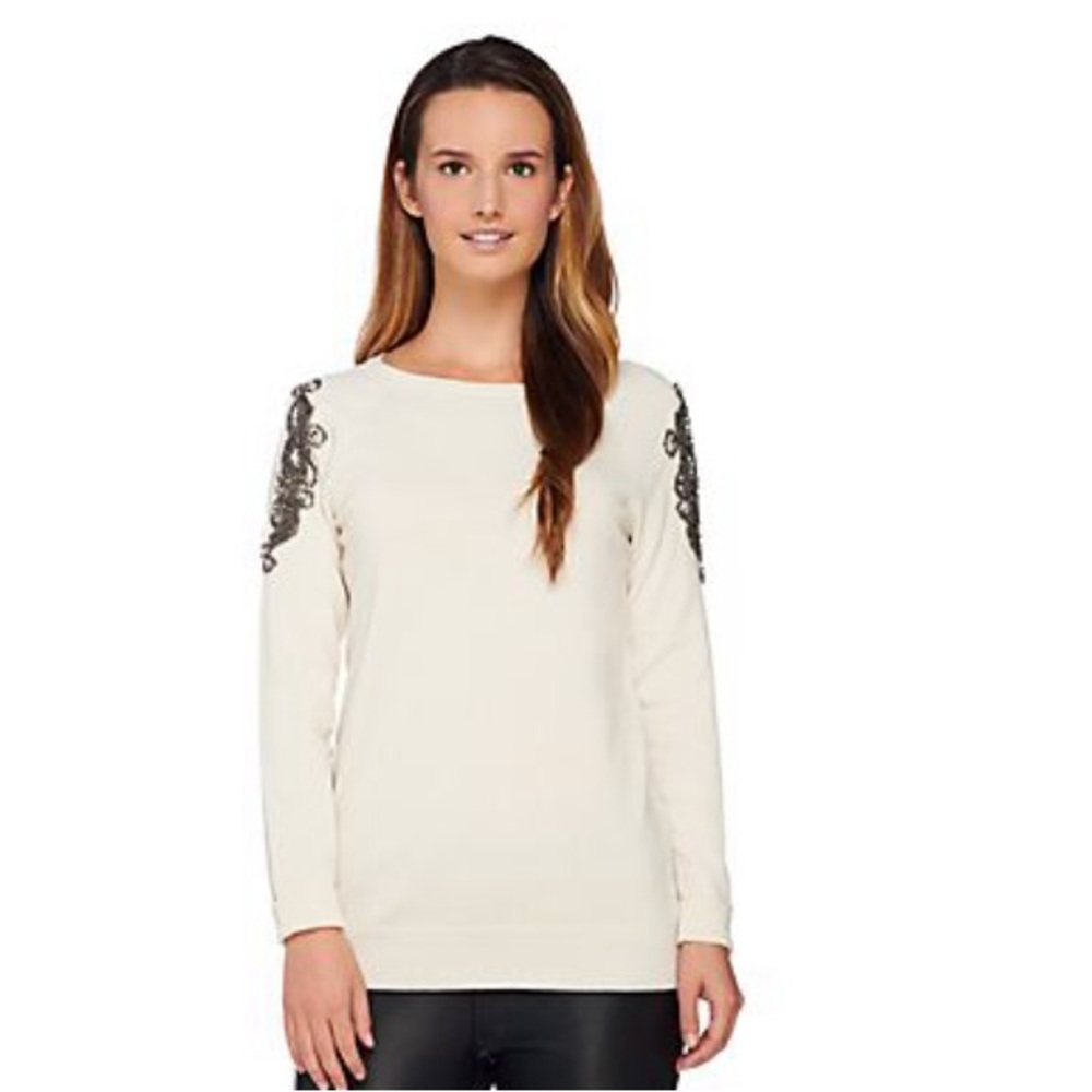 Knit sweater boat neck beaded embellish office dress holiday cream off white